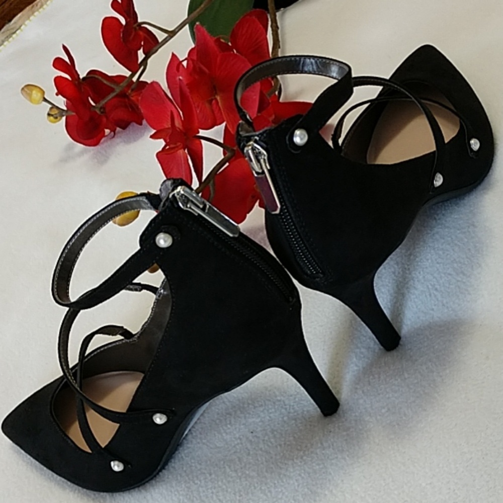 NEW Strappy Stilettos Heels Sexy Back Zip Faux Pearls Black Libby Edelman 8.5 - Picture 6 of 8